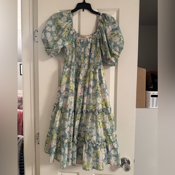 Eye of the Needle Tiered Smocked Green Floral Mini Dress - Picture 1 of 4